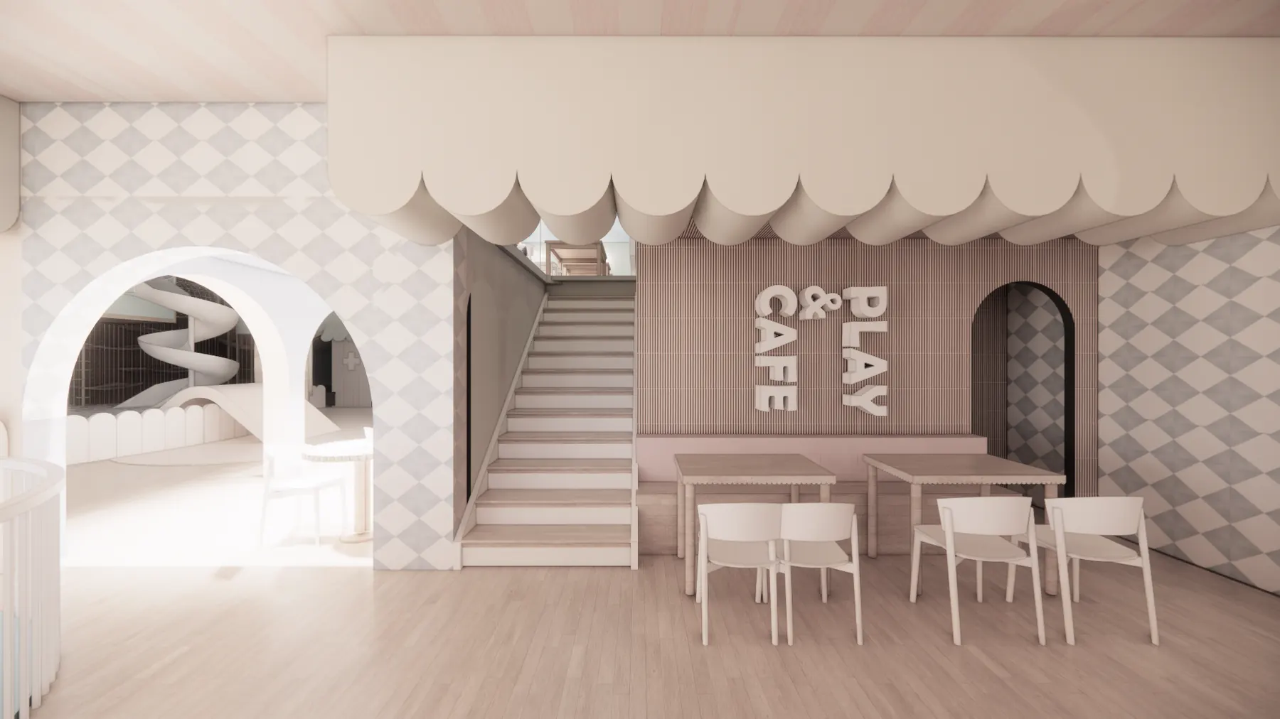 Playground interior render with stair and seating